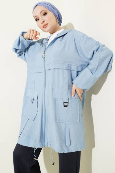 Çift Cepli Kapüşonlu Kap Mavi - Dış Giyim&Mont