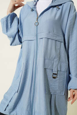 Çift Cepli Kapüşonlu Kap Mavi - Dış Giyim&Mont