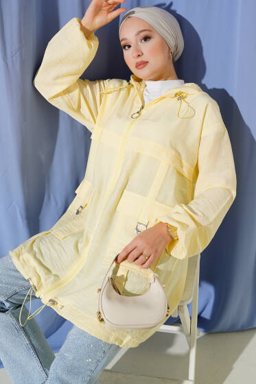 Çift Cepli Kapüşonlu Kap Sarı - Dış Giyim&Mont