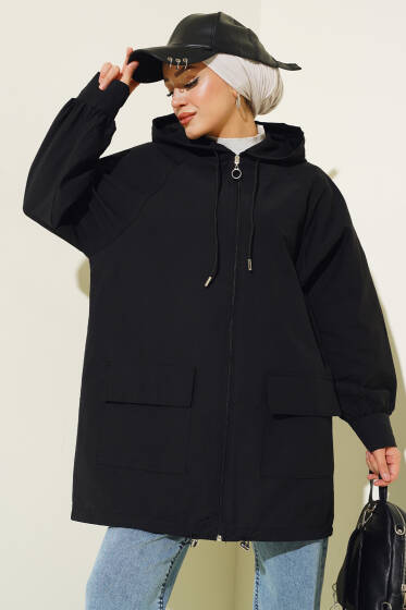 Çift Cepli Kapüşonlu Kap Siyah - Trençkot