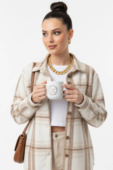 Çift Cepli Kare Çizgili Gömlek Bej - Kadın Giyim Modelleri