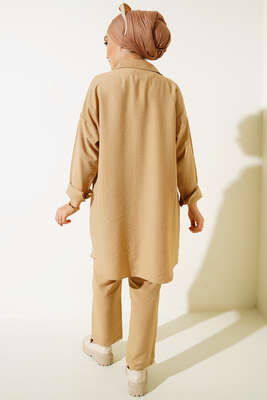 Çift Cepli Keten Ayrobin Takım Camel - İKİLİ TAKIM