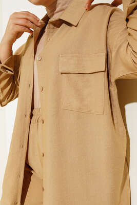 Çift Cepli Keten Ayrobin Takım Camel - İKİLİ TAKIM