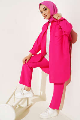 Çift Cepli Keten Ayrobin Takım Fusya - NEVA MODA