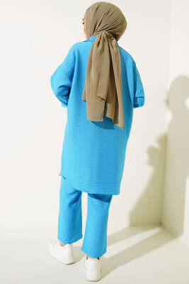 Çift Cepli Keten Ayrobin Takım Mavi - İKİLİ TAKIM