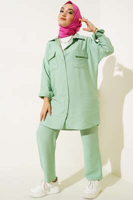 Çift Cepli Keten Ayrobin Takım Mint Yeşili 