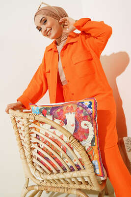 Çift Cepli Keten Ayrobin Takım Oranj 