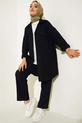 Çift Cepli Keten Ayrobin Takım Siyah 