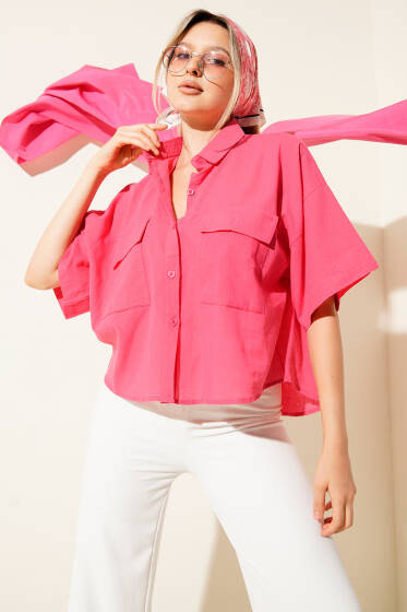 Çift Cepli Keten Gömlek Fusya - Kadın Giyim Modelleri