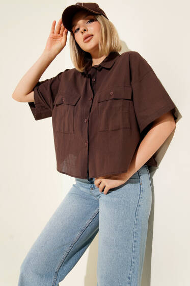 Çift Cepli Keten Gömlek Kahve - Kadın Giyim Modelleri