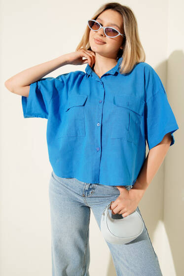 Çift Cepli Keten Gömlek Saks - Kadın Giyim Modelleri