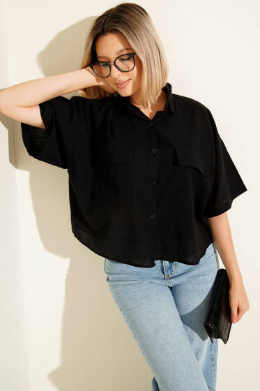 Çift Cepli Keten Gömlek Siyah - Kadın Giyim Modelleri