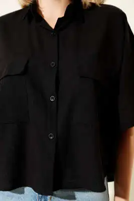 Çift Cepli Keten Gömlek Siyah - Kadın Giyim Modelleri