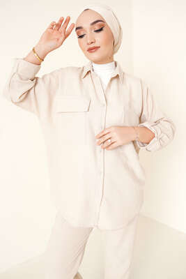 Çift Cepli Keten İkili Takım Bej - İKİLİ TAKIM