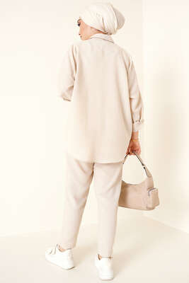 Çift Cepli Keten İkili Takım Bej - İKİLİ TAKIM