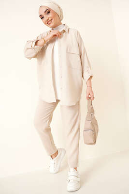 Çift Cepli Keten İkili Takım Bej 