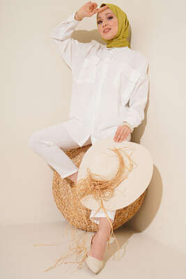 Çift Cepli Keten İkili Takım Ekru 