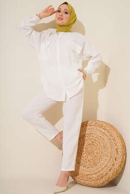 Çift Cepli Keten İkili Takım Ekru - İKİLİ TAKIM