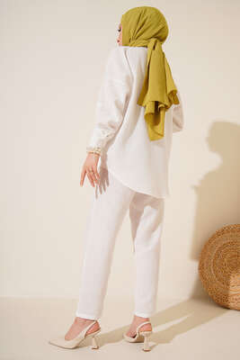 Çift Cepli Keten İkili Takım Ekru - İKİLİ TAKIM