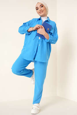 Çift Cepli Keten İkili Takım Mavi