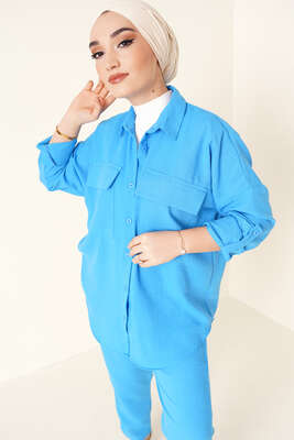 Çift Cepli Keten İkili Takım Mavi - İKİLİ TAKIM