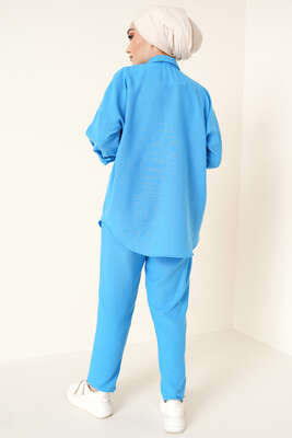Çift Cepli Keten İkili Takım Mavi - İKİLİ TAKIM