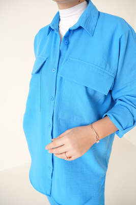 Çift Cepli Keten İkili Takım Mavi - İKİLİ TAKIM