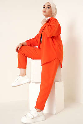 Çift Cepli Keten İkili Takım Oranj 