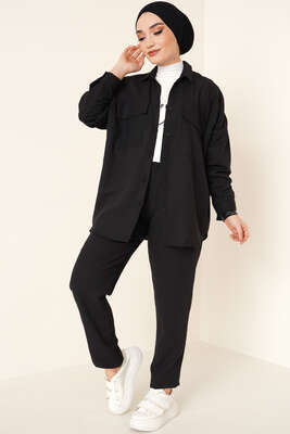 Çift Cepli Keten İkili Takım Siyah 