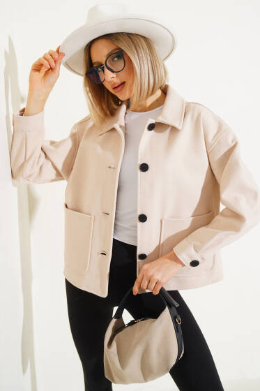Çift Cepli Kısa Kaşe Ceket Bej - Yeni Giyim