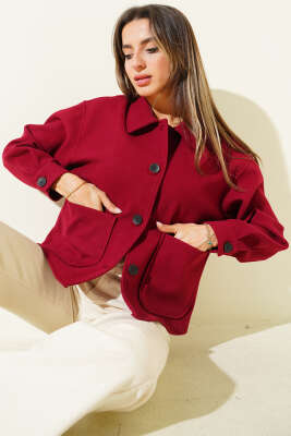 Çift Cepli Kısa Kaşe Ceket Bordo - Kadın Giyim Modelleri