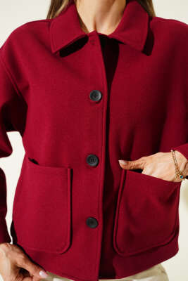 Çift Cepli Kısa Kaşe Ceket Bordo - Kadın Giyim Modelleri