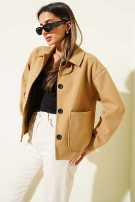 Çift Cepli Kısa Kaşe Ceket Camel - Kadın Giyim Modelleri