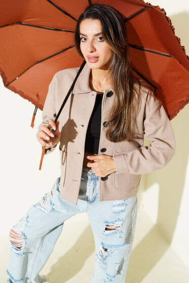 Çift Cepli Kısa Kaşe Ceket Latte - Kadın Giyim Modelleri