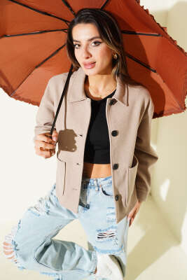 Çift Cepli Kısa Kaşe Ceket Latte - Kadın Giyim Modelleri