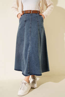 Çift Cepli Kloş Kot Etek Mavi - ALİ AKKAYA