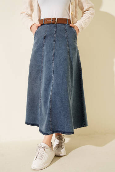 Çift Cepli Kloş Kot Etek Mavi - Etek