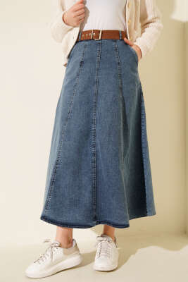 Çift Cepli Kloş Kot Etek Mavi - Etek