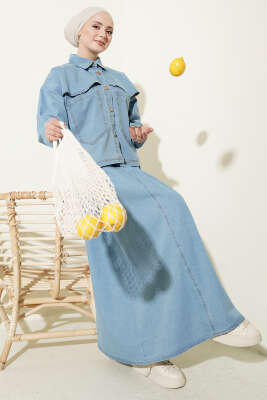 Çift Cepli Kot Ceketli Etekli İkili Takım Açık Mavi - EFSUN MODA