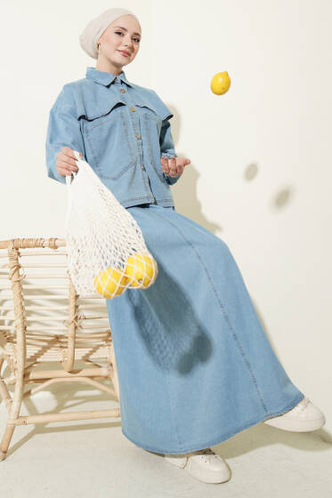 Çift Cepli Kot Ceketli Etekli İkili Takım Açık Mavi - İkili Takım