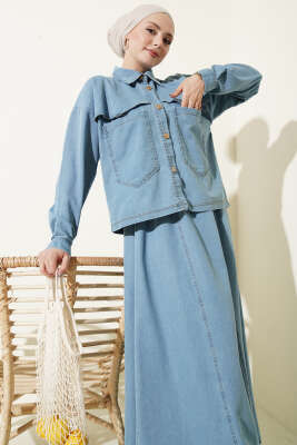 Çift Cepli Kot Ceketli Etekli İkili Takım Açık Mavi - İkili Takım