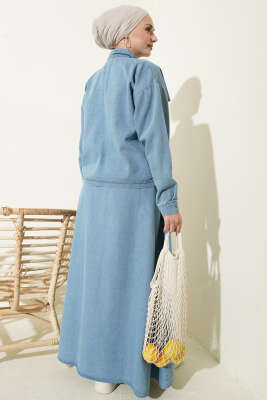 Çift Cepli Kot Ceketli Etekli İkili Takım Açık Mavi - İkili Takım