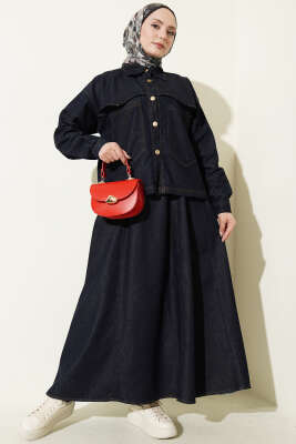 Çift Cepli Kot Ceketli Etekli İkili Takım Lacivert - EFSUN MODA