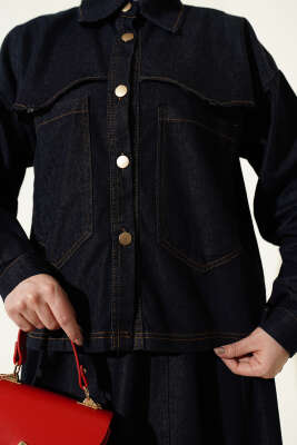 Çift Cepli Kot Ceketli Etekli İkili Takım Lacivert - İkili Takım