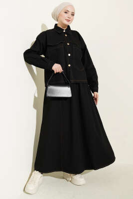 Çift Cepli Kot Ceketli Etekli İkili Takım Siyah - EFSUN MODA