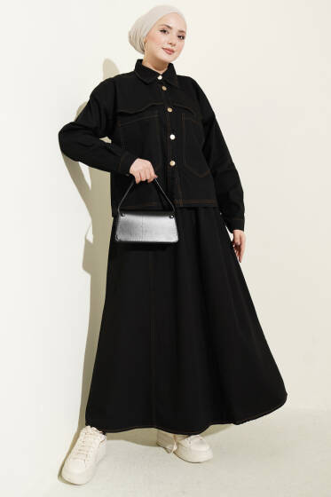 Çift Cepli Kot Ceketli Etekli İkili Takım Siyah - İkili Takım