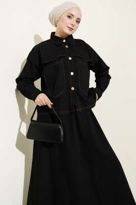 Çift Cepli Kot Ceketli Etekli İkili Takım Siyah - İkili Takım