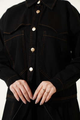 Çift Cepli Kot Ceketli Etekli İkili Takım Siyah - İkili Takım