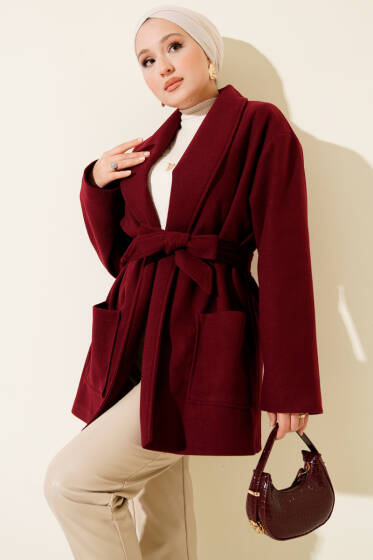 Çift Cepli Kruvaze Kuşaklı Kısa Kaban Bordo - Kaban