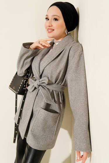Çift Cepli Kruvaze Kuşaklı Kısa Kaban Gri - Kaban